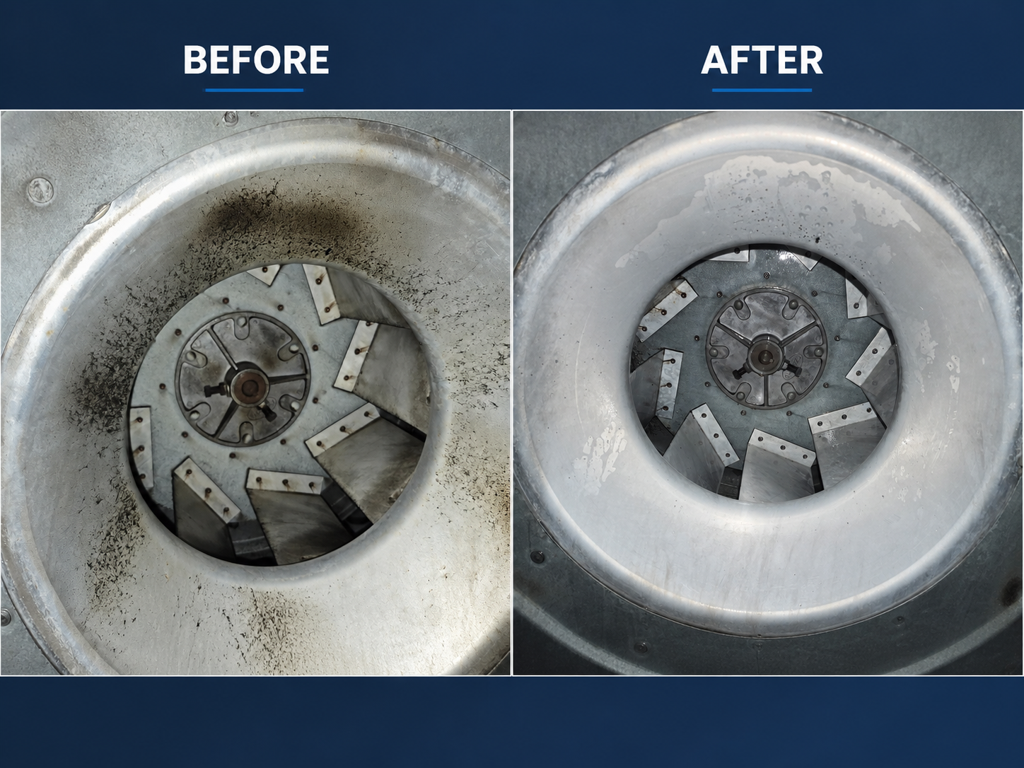 Greasy rooftop fan vs cleaned fan before and after comparison