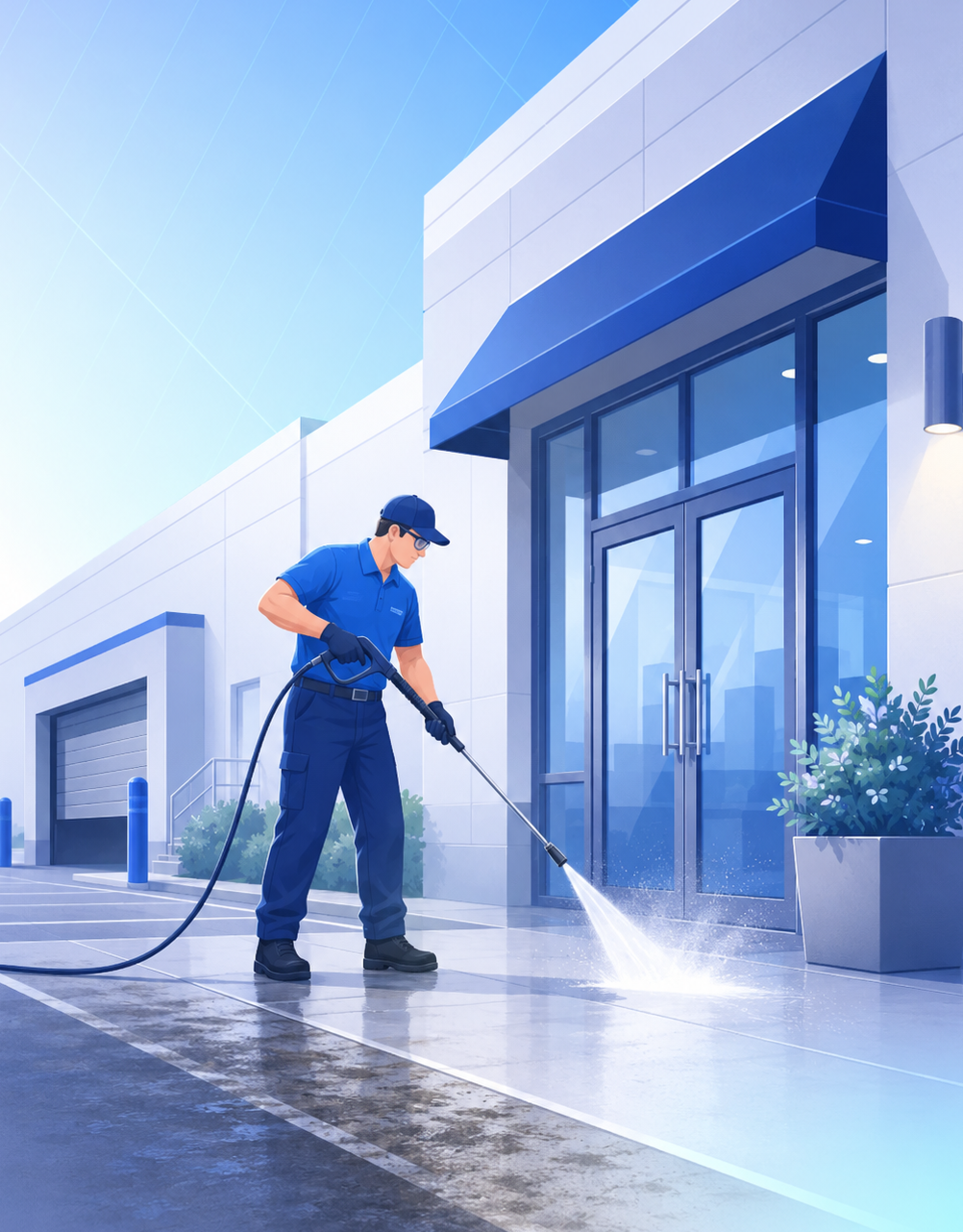 Lavaj technician pressure washing a commercial storefront entrance