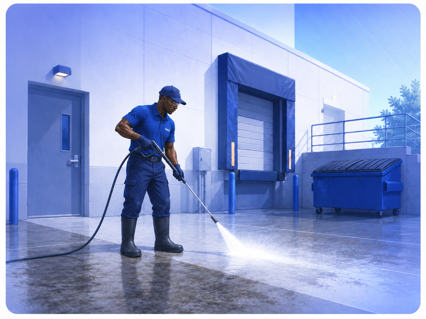 Lavaj technician power washing an industrial loading dock area while wearing rain boots