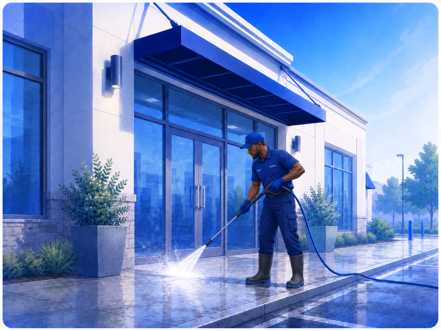 Lavaj technician power washing a modern commercial storefront entrance while wearing rain boots